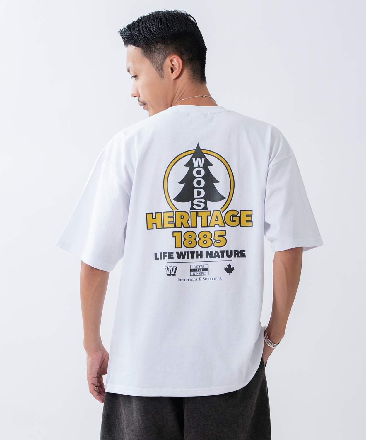 半袖Tシャツ メンズ WOODS別注 ウッズ カットソー ビッグシルエット アウトドア カジュアル アメカジ ブラック ホワイト オートミール | improves | 01
