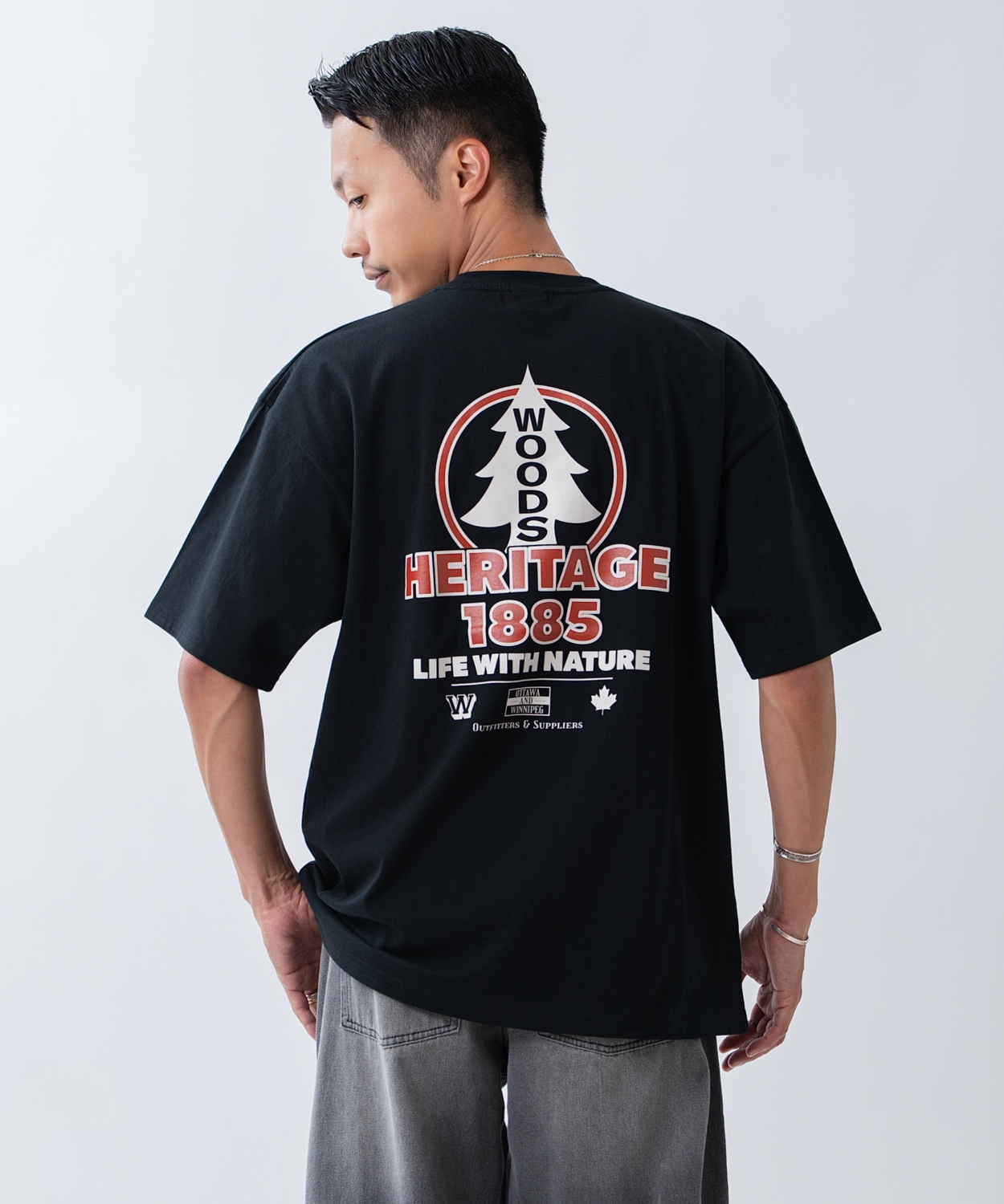 半袖Tシャツ メンズ WOODS別注 ウッズ カットソー ビッグシルエット アウトドア カジュアル アメカジ ブラック ホワイト オートミール | improves | 02