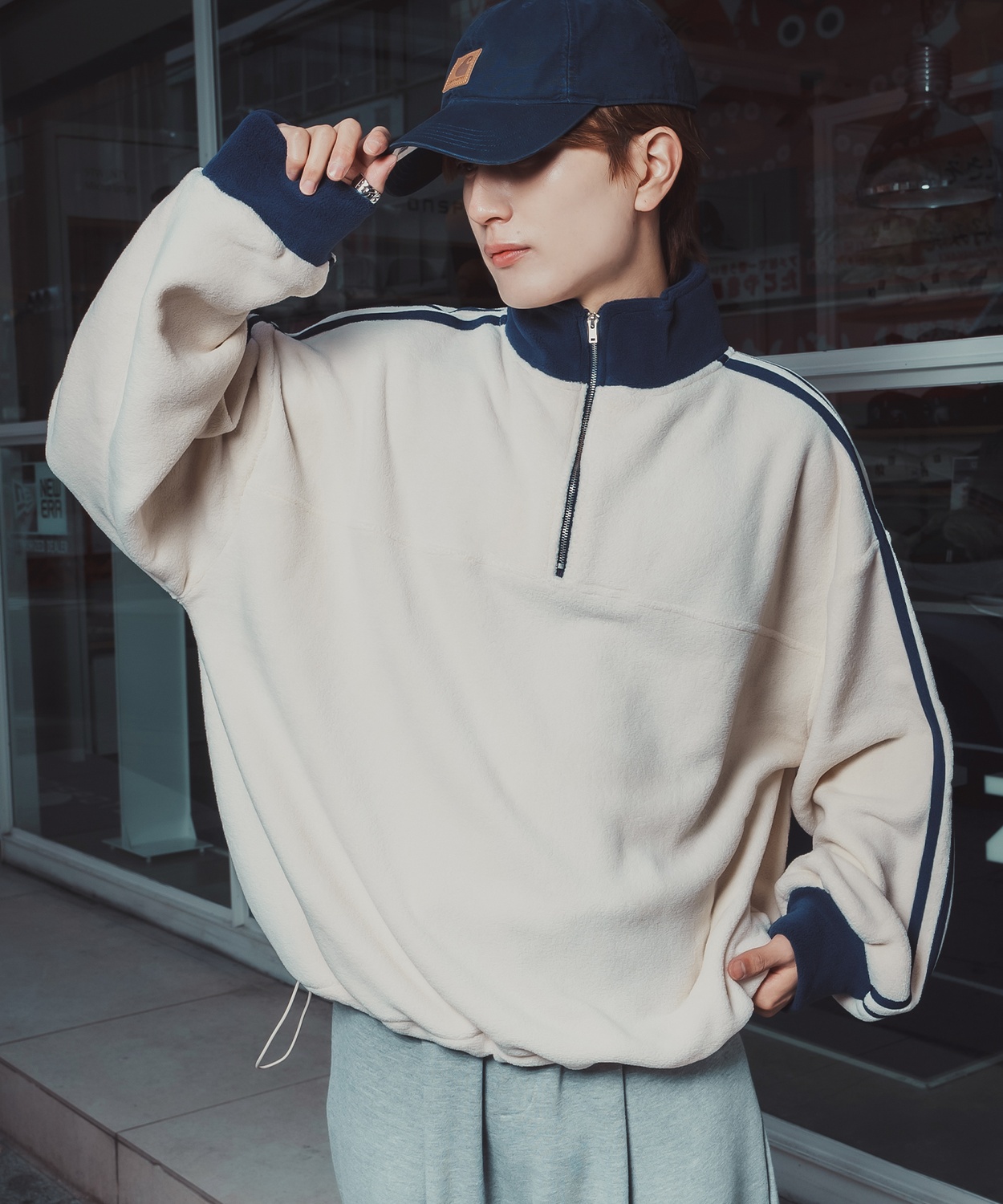 トラックジャケット フリース ボア ブルゾン ハーフジップ プルオーバー オーバーサイズ もこもこ カジュアル ストリート 韓国 | improves | 01