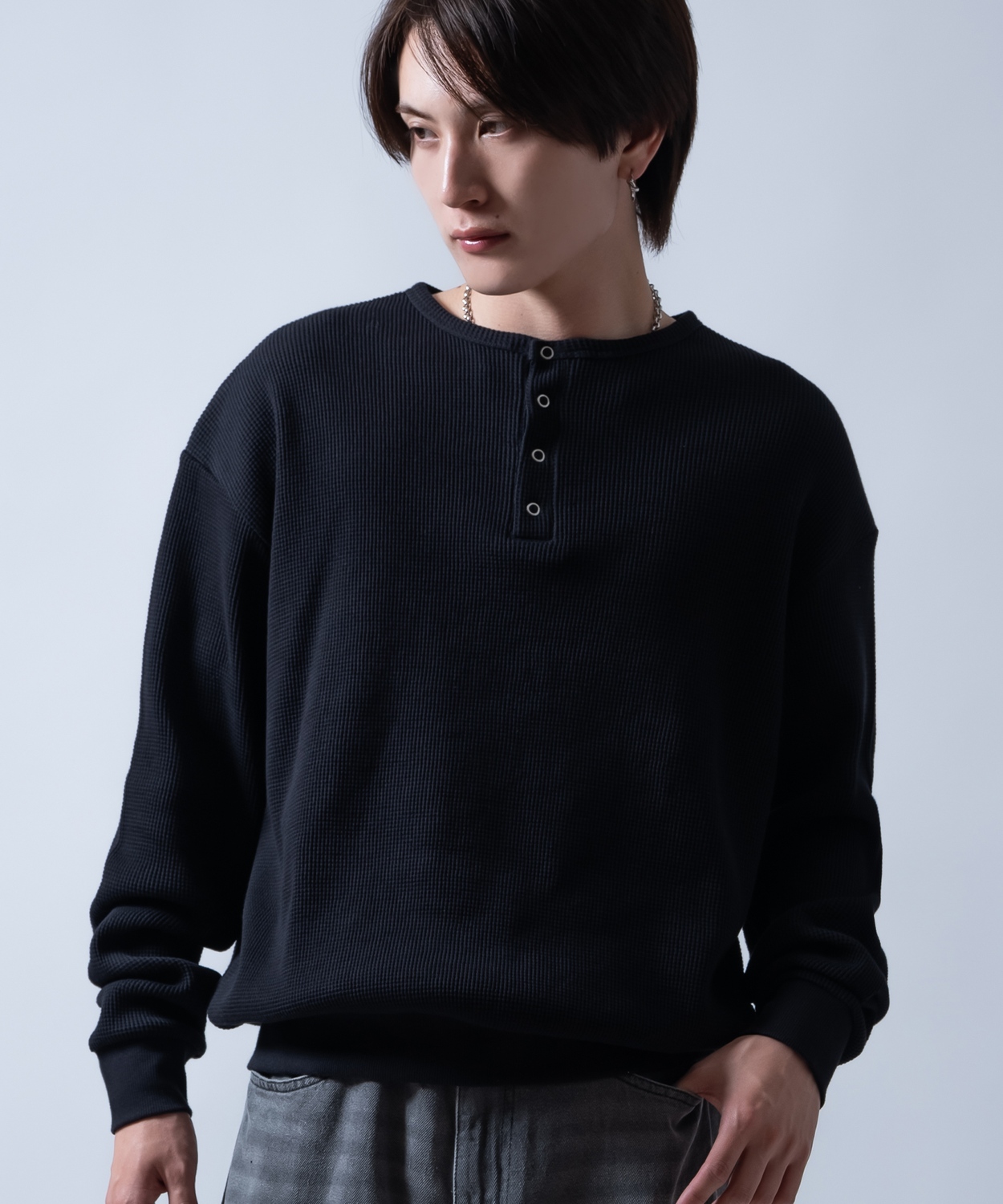 長袖Tシャツ メンズ  ワッフル ヘンリー ネック カットソー 大きめ アメカジ カジュアル スケーター ストリート 古着MIX 韓国ファッション | improves | 01