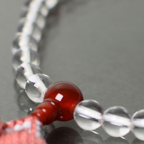 数珠袋付 数珠 女性用 水晶 赤メノウ 3点入り 7ミリ玉 珊瑚色 正絹頭房