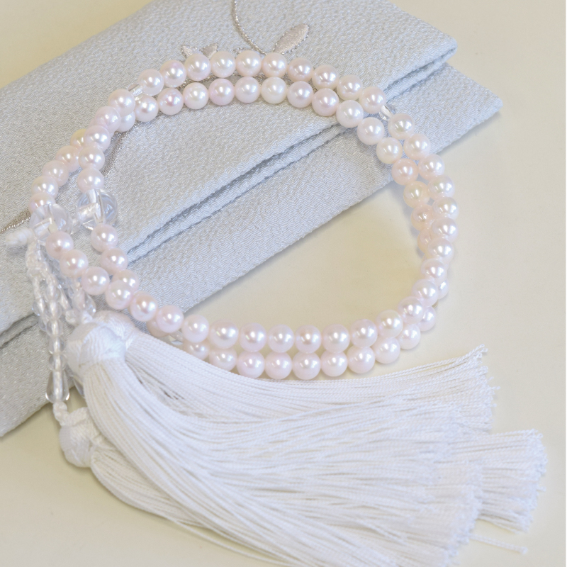 数珠袋付 数珠 女性用 本真珠 二輪 白正絹頭房 正式念珠 あこや貝 送料