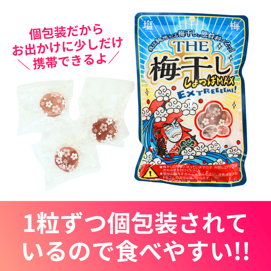 梅干し 持ち運べる！ 個包装 超塩辛いしょっぱい梅干し THE 梅干ししょっぱMAX 白干 小袋 塩分約20％ 500g （100g×5） 塩分補給 ミネラル補給 熱中症対策 | いなみの里梅園 | 03