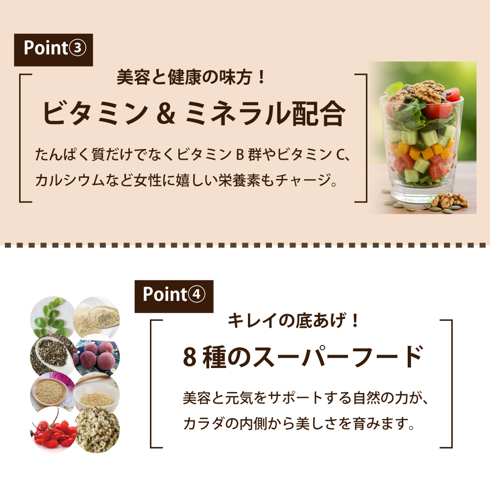 ナイスプロテイン(ミルクティー)のポイント3「ビタミン&ミネラル配合」ポイント4「8種のスーパーフード配合」