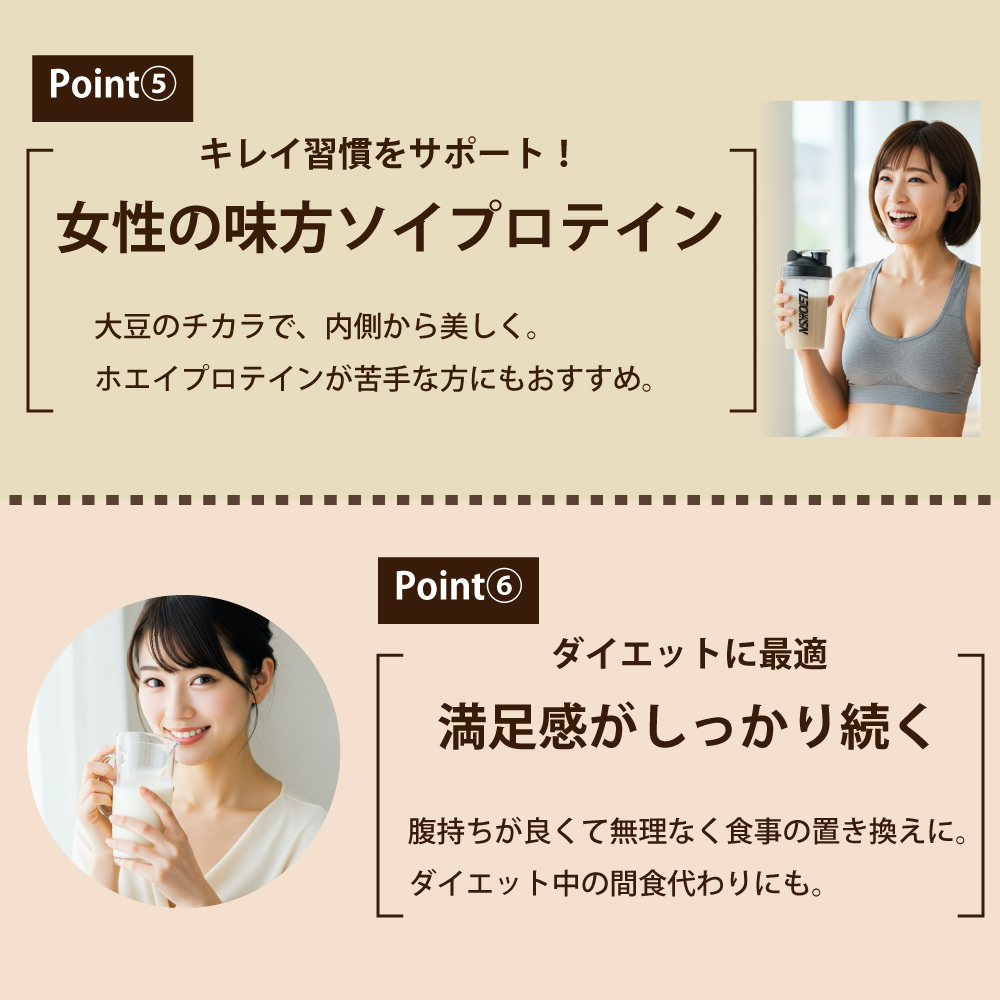 ナイスプロテイン(ミルクティー)のポイント5「女性の味方ソイプロテイン」ポイント6「満足感がしっかり続く」