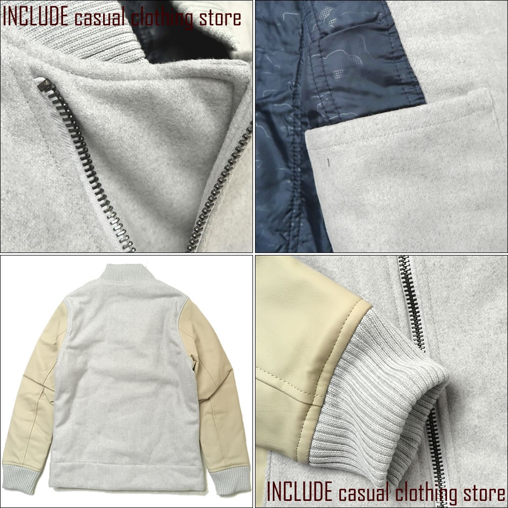 アシメ ジップ MA-1 MA1 PU レザー ウール ブルゾン 薄中綿 裏