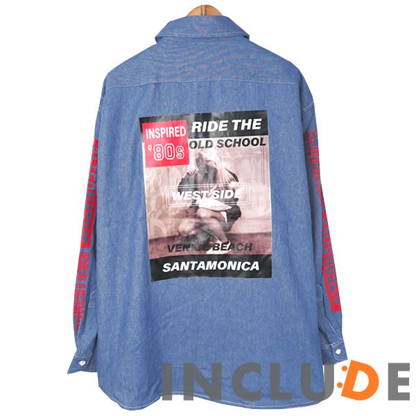 バックプリント 袖ロゴ 転写フォトプリント ルーズフィット シャツ メンズ ビックシルエット 長袖 デニムシャツ ダンガリー 6 |  | 01