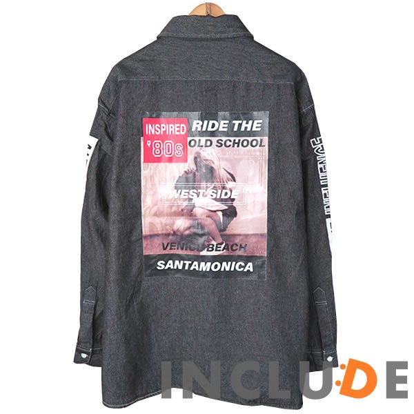 バックプリント 袖ロゴ 転写フォトプリント ルーズフィット シャツ メンズ ビックシルエット 長袖 デニムシャツ ダンガリー 6 |  | 02