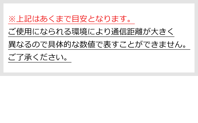 上記はあくまで目安となります。使用環境によって通信範囲は大きく異なります。