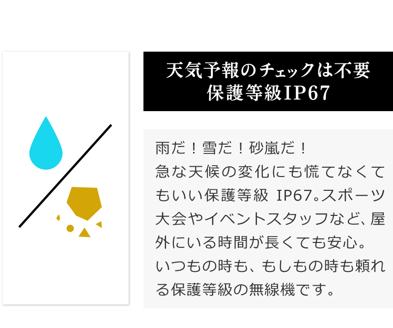 天気予報のチェックは不要。保護等級IP67