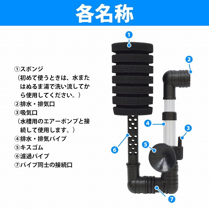水槽 スポンジフィルター 19cm 20L以下 小型水槽用 酸素 メンテナンス