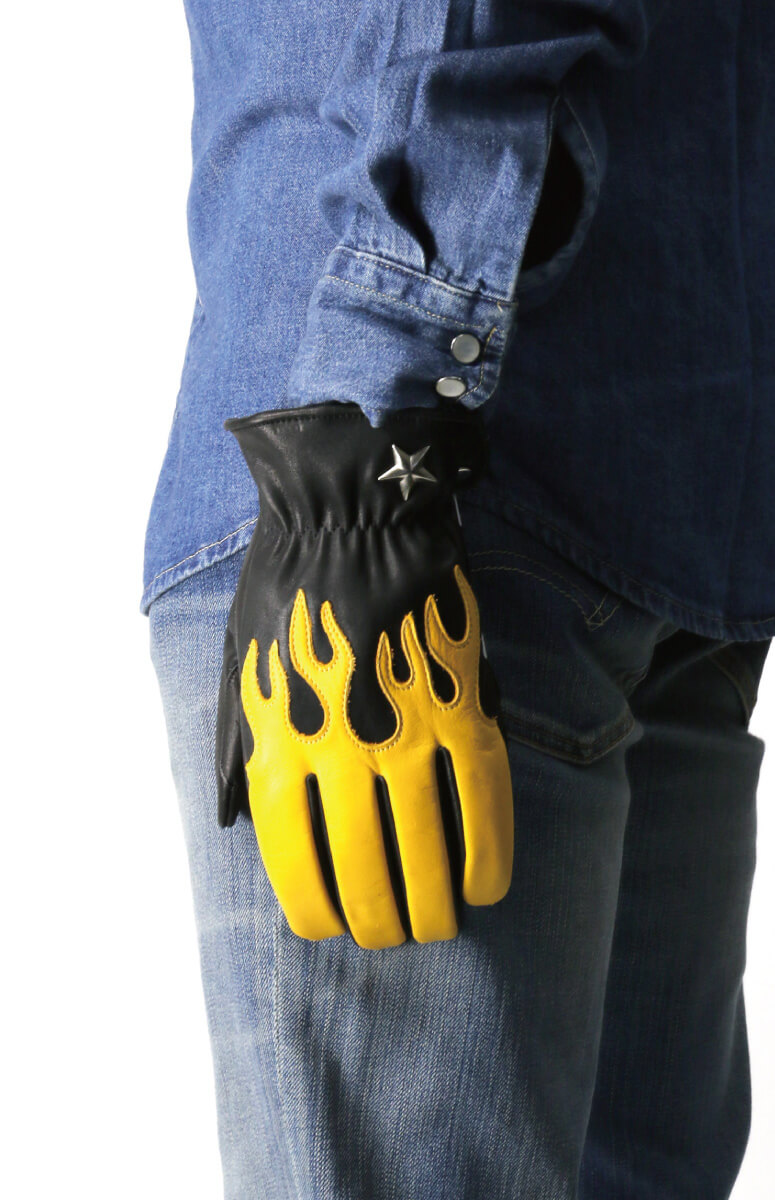 ファイヤーパターン　レザーバイクグローブ アメリカン ハーレー ドラッグスター バイク メカニック グローブ Yellow Red Flame イエロー レッド