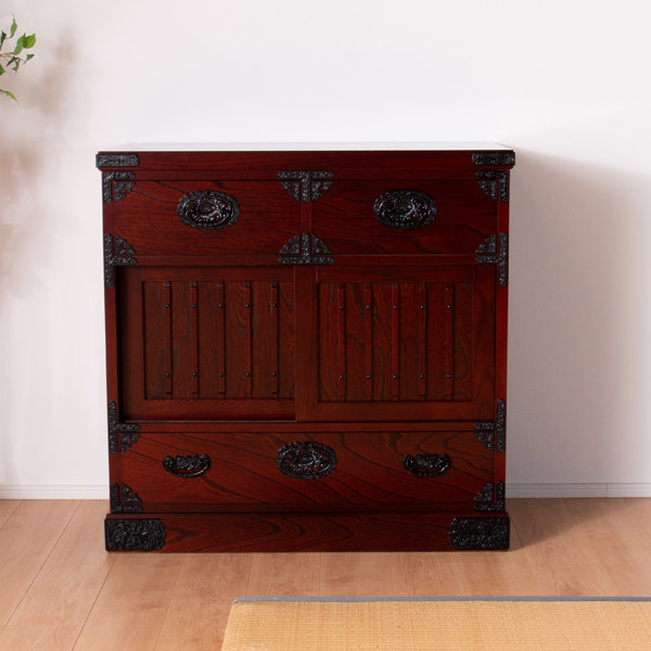 民芸箪笥 水屋 おしゃれ ロータイプ 食器棚 90 完成品 引き戸 引き出し