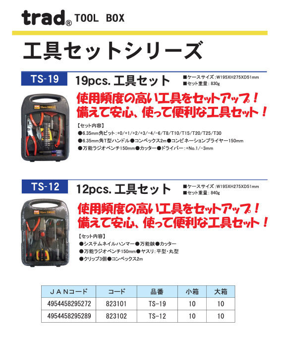 業務用セット Trad 工具セット 作業工具 19個入 Diy 日曜大工 業務用 レビューを書けば送料当店負担 家庭用 Ts 19