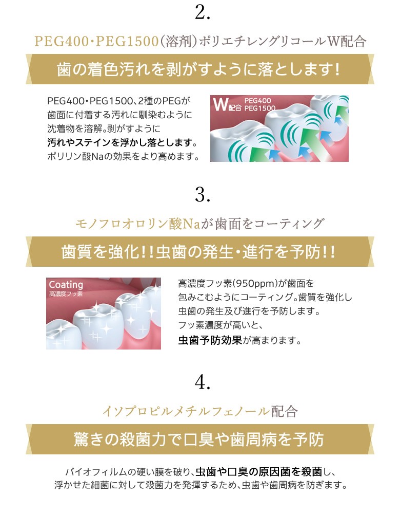 1.ヤニを除去　2.着色汚れを落とす　3.歯質を強化　4.口臭・歯周病を予防　5.優れた抗菌効果