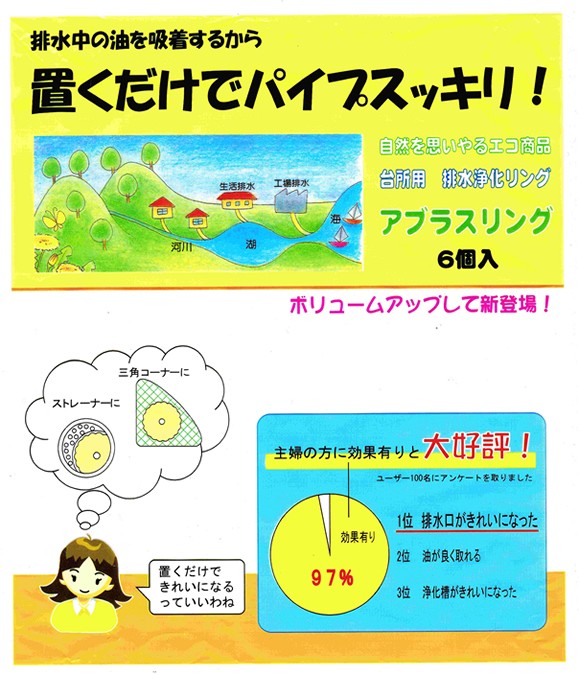置くだけでパイプすっきり！アブラスリング6個入 自然を思いやるエコ商品台所用繰り返し使える排水浄化リング科学技術庁長官賞受賞