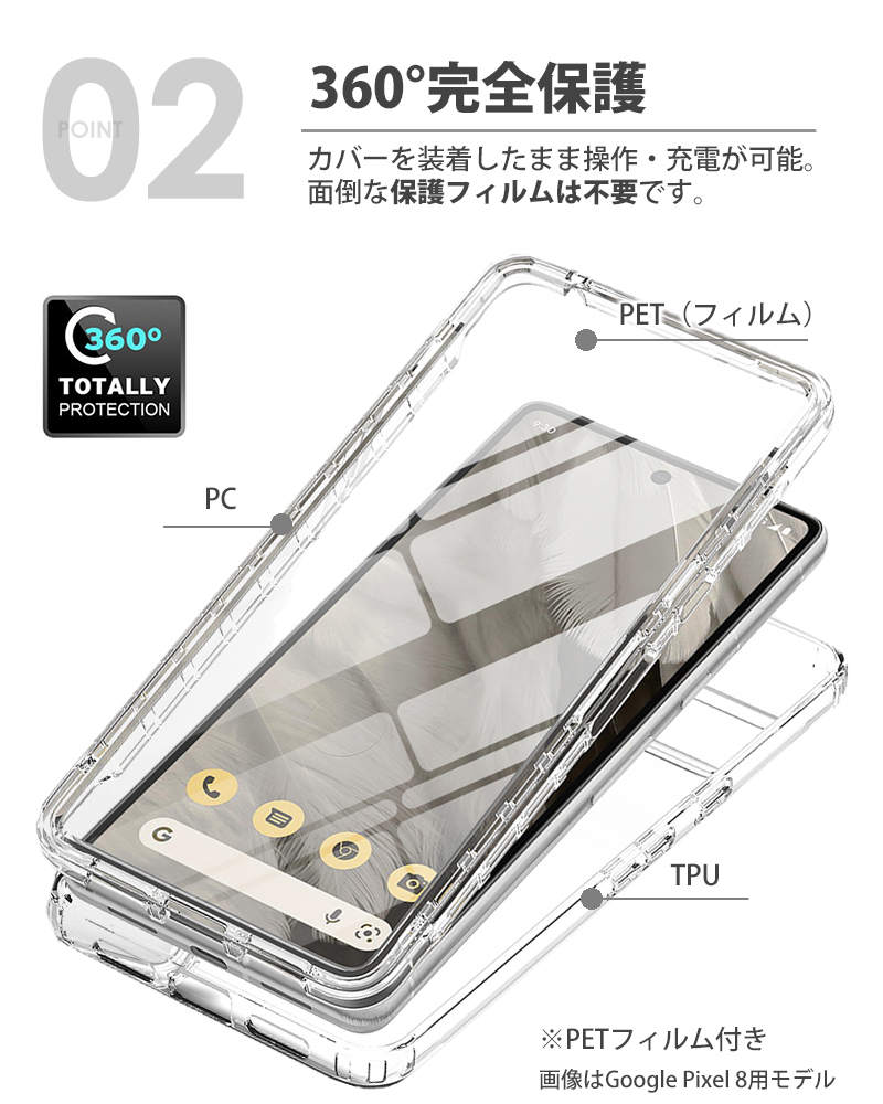 Google Pixel 8 Pro 7a ケースカバー クリア 透明 耐衝撃 360度
