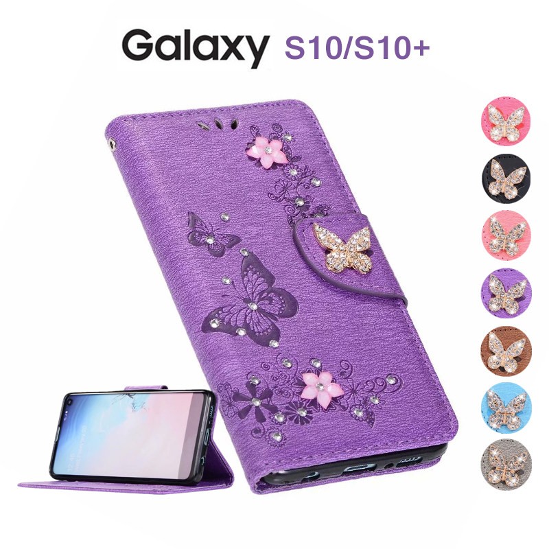 docomo Galaxy S10 本体 パープル ケース付き Galaxy S10/S10+ ケース/カバー 蝶柄 花柄 きらきら 可愛いGalaxy S10