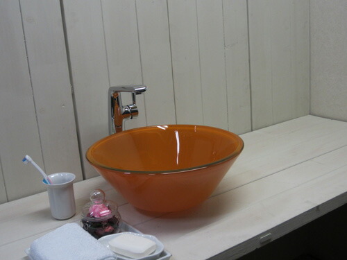 セール-ガラス洗面ボール（オレンジ・手洗い鉢・洗面ボウル・洗面台