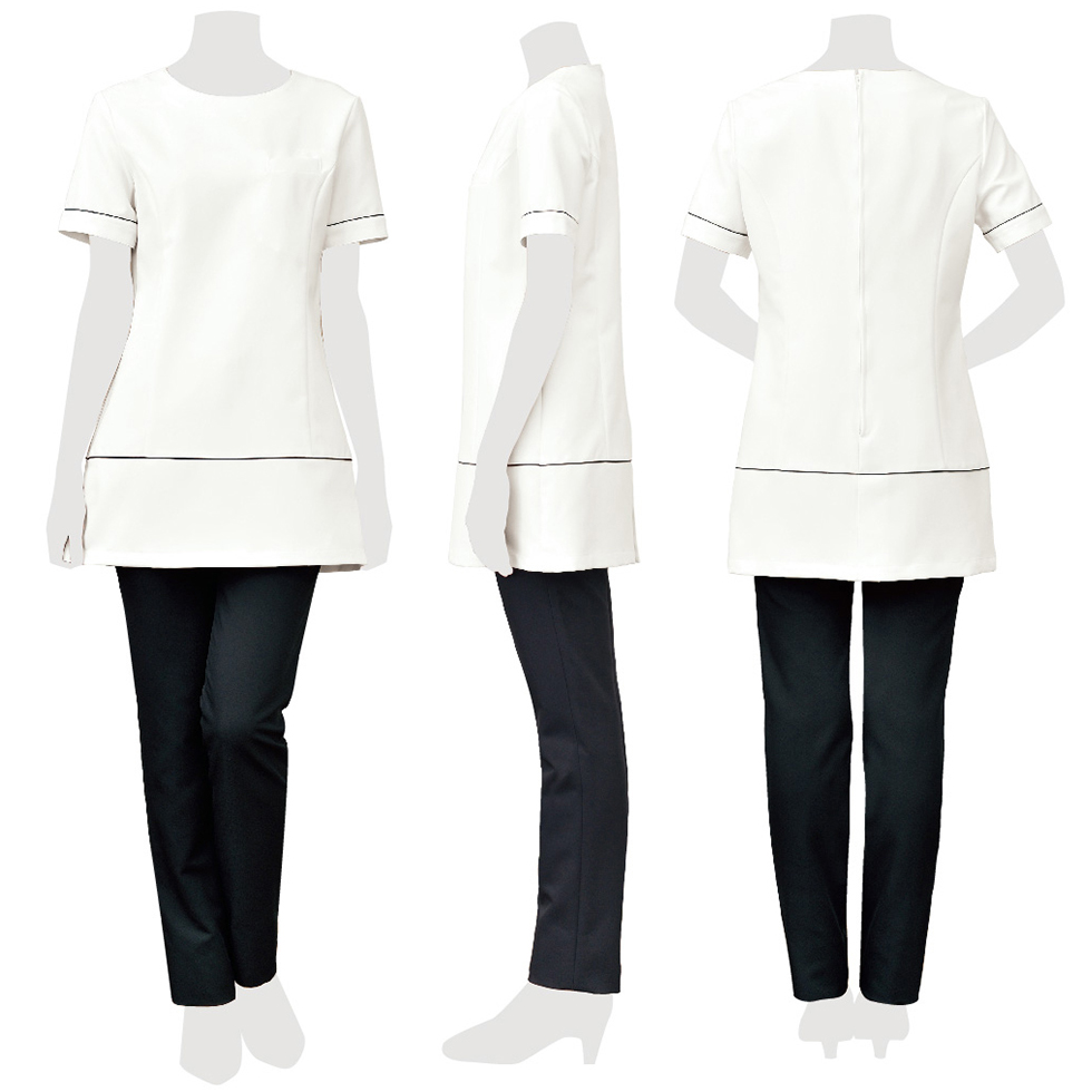 ELEFEE エレフィ エステティック チュニック  オフホワイト ブラック モノトーン ESTHETIQUE エステサロン レディースクリニック 美容院 エステ ユニフォーム e-3114 宅配のみ ELEFEE エレフィ エステティック チュニック オフホワイト ブラック