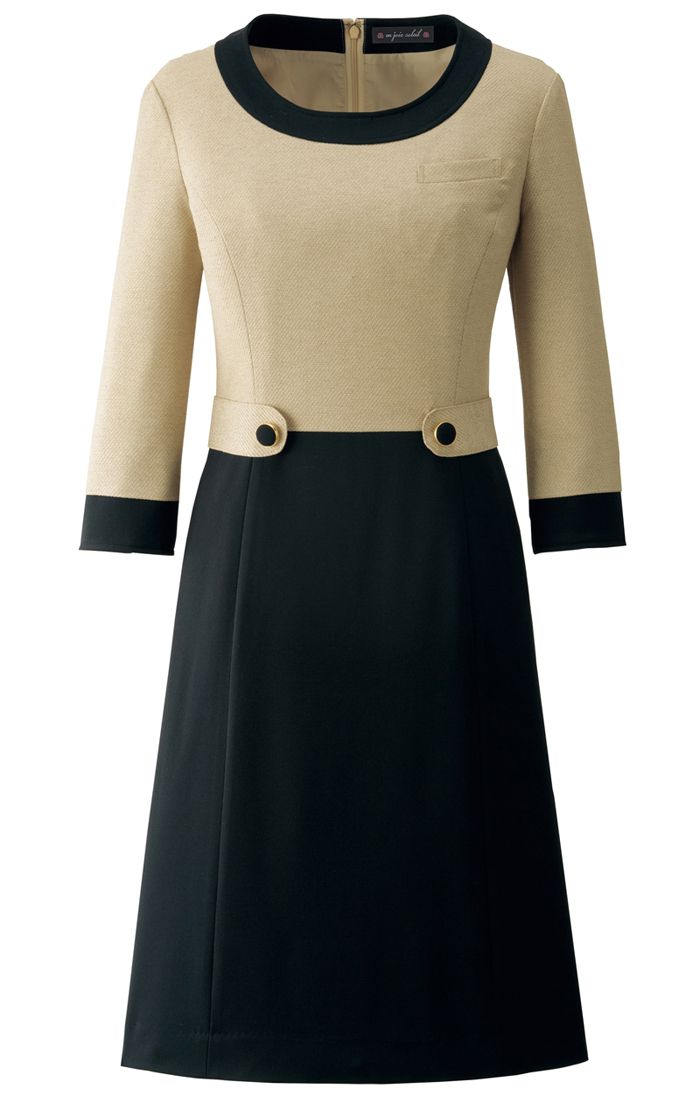 en joie アンジョア 七分袖 ワンピース 17号 19号 ベージュ オフィス 制服 事務服 受付 コンパニオン かわいい クリニック 病院 joa-61520 宅配のみの画像