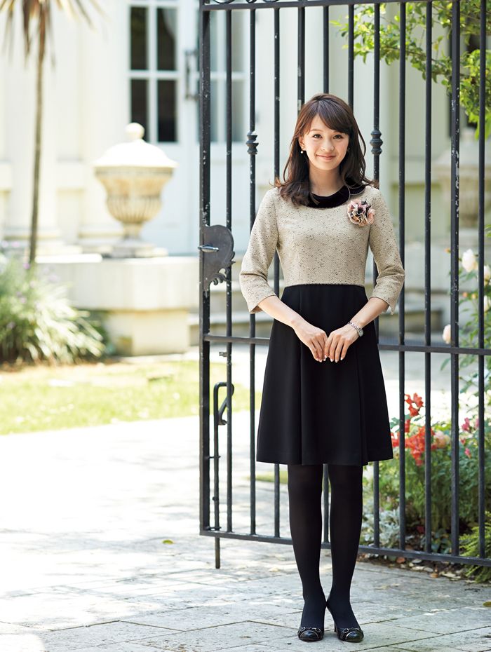 en joie アンジョア 七分袖 ワンピース 17号〜23号 黒 アイボリー オフィス 制服 事務服 受付 コンパニオン かわいい クリニック 病院 joa-61680 宅配のみの画像