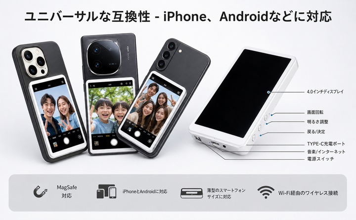 自撮りモニター Vlog 撮影用 ワイヤレス ミラーリング 自撮り スマホ