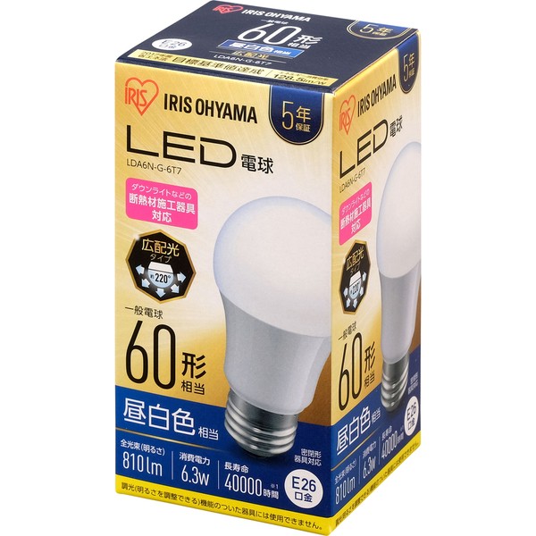 LED電球 E26 60W 広配光 60形相当 昼白色 電球色 LDA6N-G-6T7 LDA6L-G-6T7 アイリスオーヤマ  :p521809:照明とエアコン イエプロYahoo!店 - 通販 - Yahoo!ショッピング