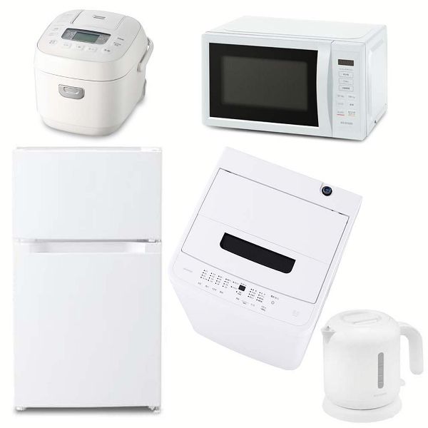 家電セット 一人暮らし 5点セット 冷蔵庫 2ドア 両開き 87L 洗濯機 縦型 5kg 電子レンジ 単機能 炊飯器 3合炊き 電気ケトル 黒 白 ＆  新生活 アイリスオーヤマ * : p1908738 : ウエノ電器 Yahoo!店 - 通販 - Yahoo!ショッピング