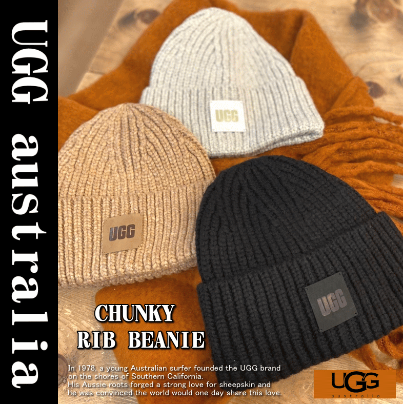 待望 UGG アグ ニット帽 W CHUNKY RIB BEANIE LOGO 20061 メンズ ウールブレンド ロゴ チャンキーリブ ビーニー 帽子  カラー3色