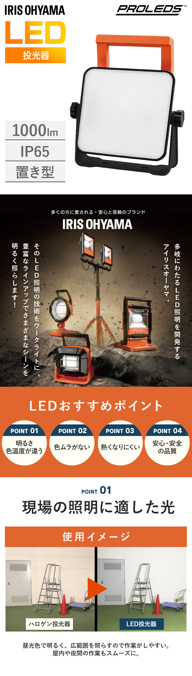 IRIS OHYAMA 投光器 led 屋外 防水 1000lm 昼光色 作業灯 置き型
