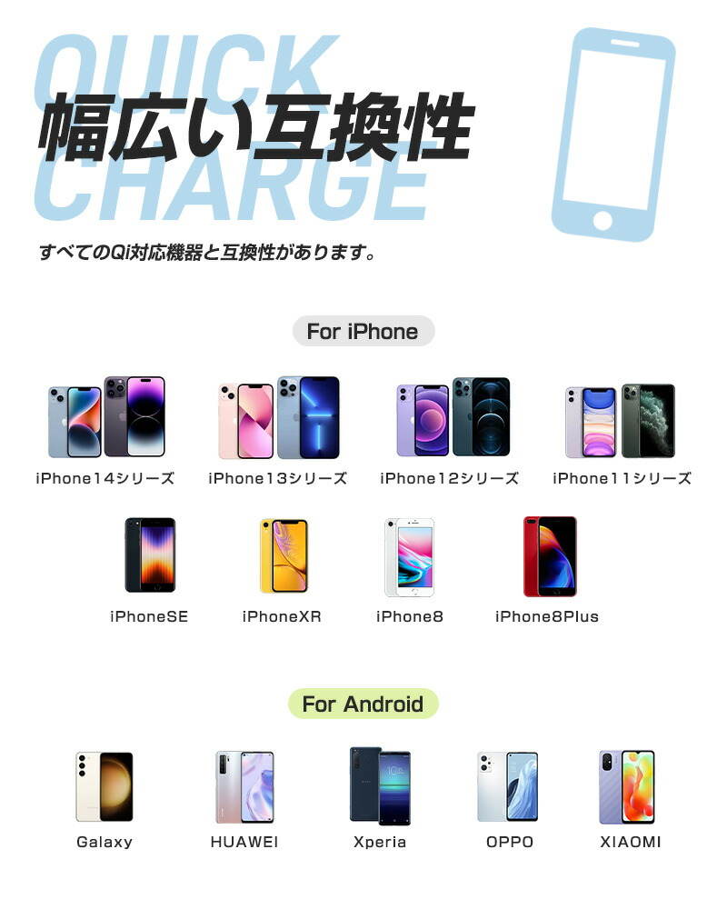 スマホワイヤレス充電器 高速充電 出張 携帯便利 多機種対応 15W 急速 充電 コンパクト galaxy huawei pixel 指示ランプ付き アンドロイド対応 過充電保護｜inskk｜11