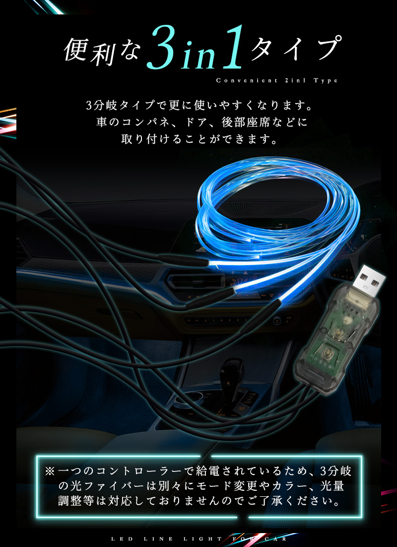 【5%OFF】LEDライト 車内装飾 3in1 RGB ネオン 雰囲気ライト 車用 USB給電 5m 光ファイバー 3分岐タイプ 光量調節 7色 イルミネーション 色変更 リモコン操作 |  | 04