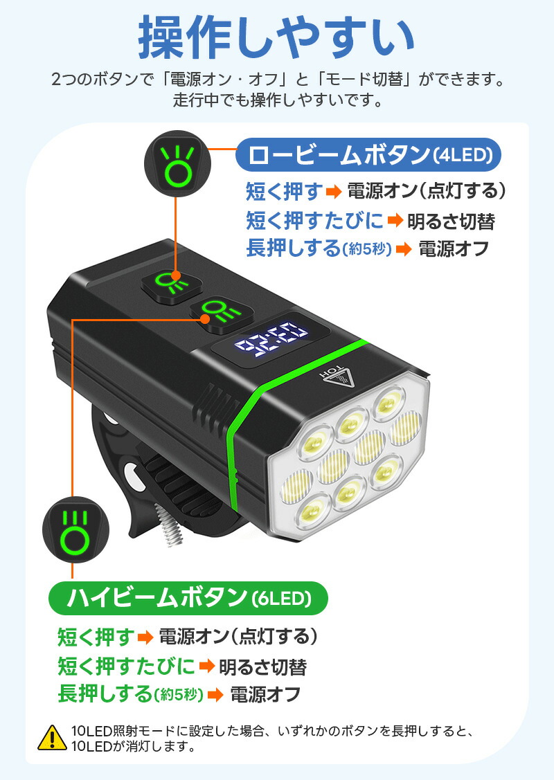 自転車ライト led ライト フロントライト 充電式 照明 屋外 usb 5000mAh 高輝度 防水機能 アルミ合金製 小型 IP66 明るさ調整 輝度調節 電池残量確認 自転車用 |  | 10