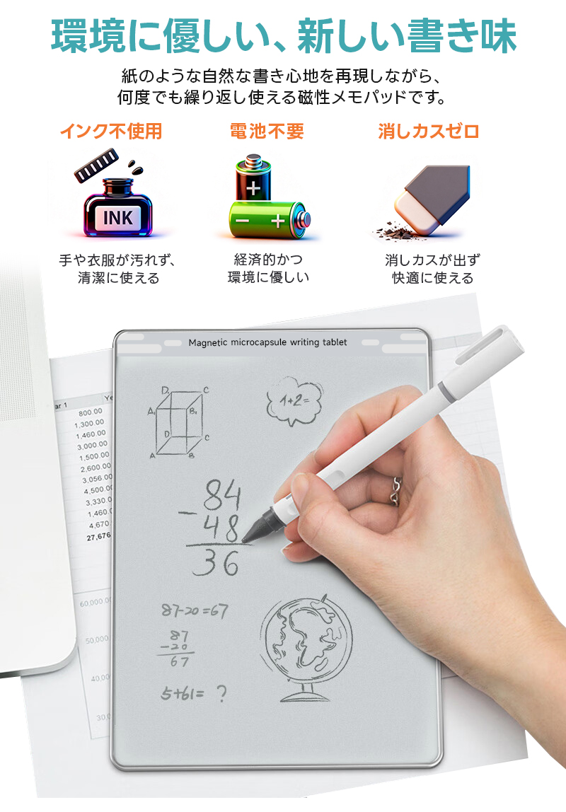 磁性メモパッド メモ帳 メモパッド 繰り返し使える DIYお絵描きボード ノートボード メッセージボード エコ文具 自然な筆記感 ペーパーレス ビジネス |  | 04