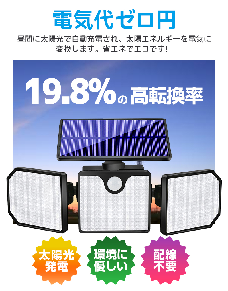 【25%OFF】LEDソーラーライト ソーラーガーデンライト 3灯式 3面発光 167LED 500LM 屋外 防水 人感センサーライト 太陽光充電 ソーラー庭園灯 |  | 02