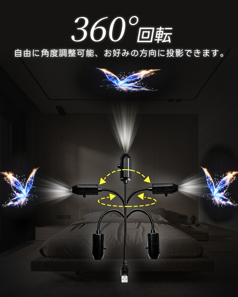 LEDプロジェクターライト USB給電式 プロジェクターランプ 360°回転 ナイトライト 癒しの動物ライト 寝室 天井 車 パーティー バー インテリア照明 |  | 04
