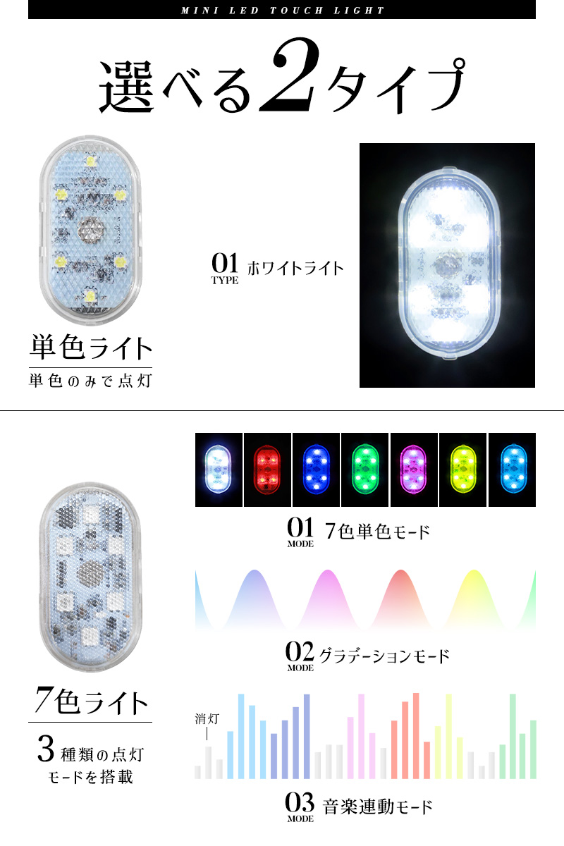 ミニLEDライト 2点セット 高感度 薄型 小型 超軽量 シンプル 操作簡単 マグネット付き 雰囲気ライト 車用 高輝度 壁掛け照明 食器棚 クローゼット 7色点灯 |  | 05