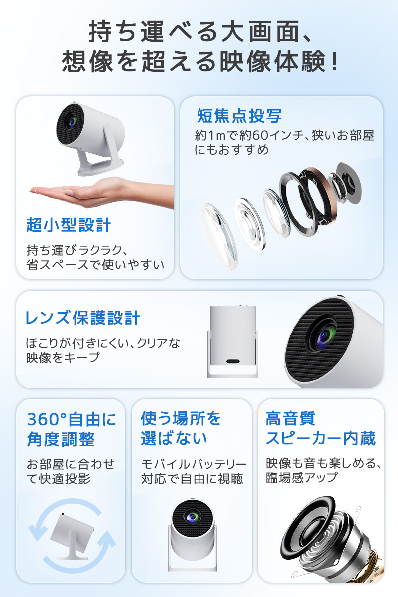 小型プロジェクター 家庭用プロジェクター ホームシアター WiFi6対応 Bluetooth搭載 720P 高精細 高画質 高輝度 360°回転 静音ジンバルスタンド レンズ防塵保護 |  | 02