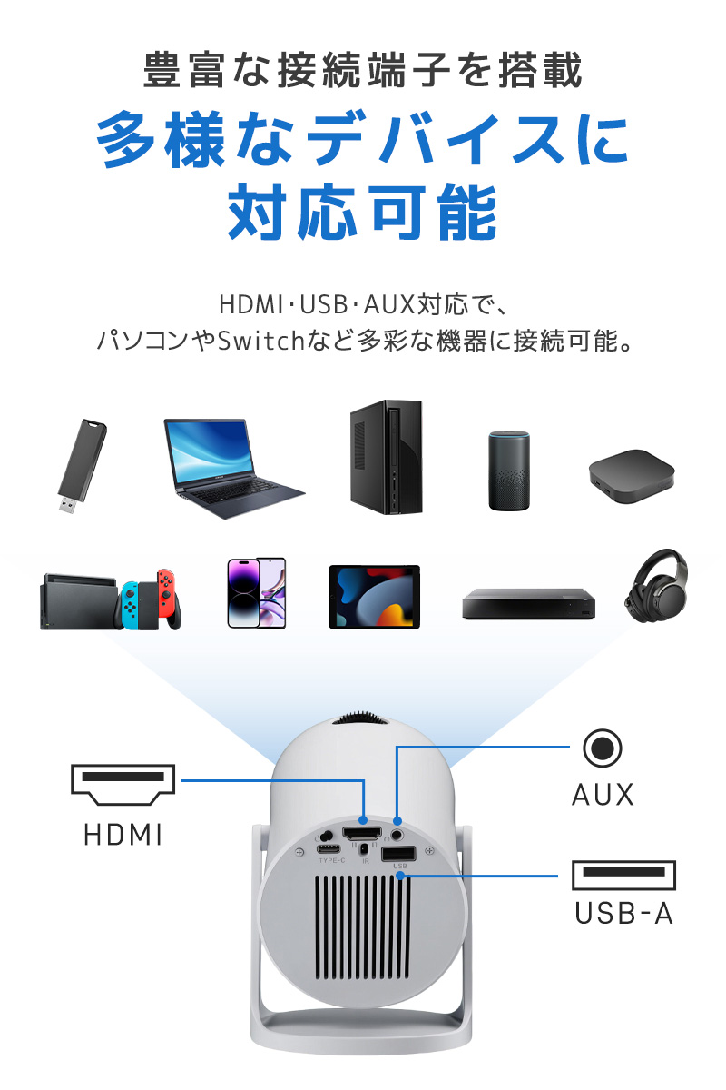 小型プロジェクター 家庭用プロジェクター ホームシアター WiFi6対応 Bluetooth搭載 720P 高精細 高画質 高輝度 360°回転 静音ジンバルスタンド レンズ防塵保護 |  | 17