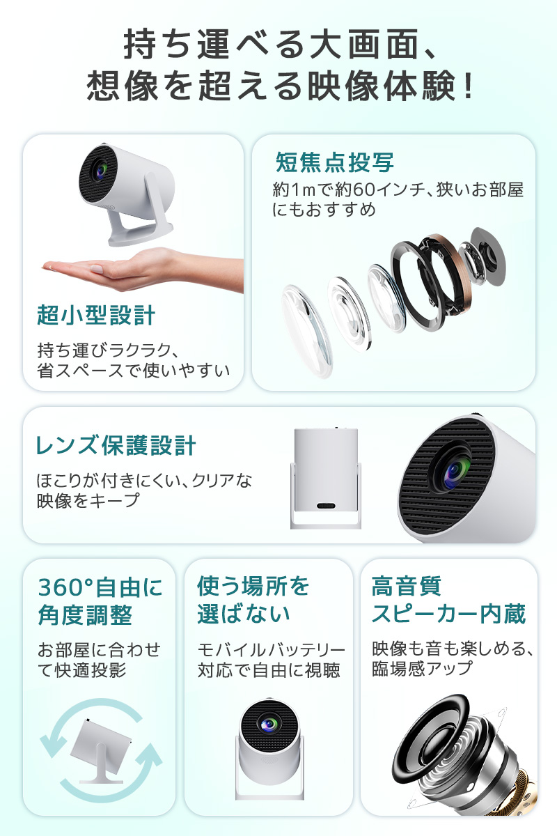 小型プロジェクター 家庭用プロジェクター ホームシアター WiFi6対応 Bluetooth搭載 720P 高精細 高画質 高輝度 360°回転 静音ジンバルスタンド レンズ防塵保護 |  | 02
