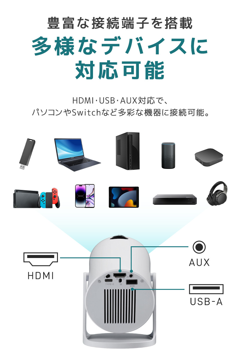 小型プロジェクター 家庭用プロジェクター ホームシアター WiFi6対応 Bluetooth搭載 720P 高精細 高画質 高輝度 360°回転 静音ジンバルスタンド レンズ防塵保護 |  | 17