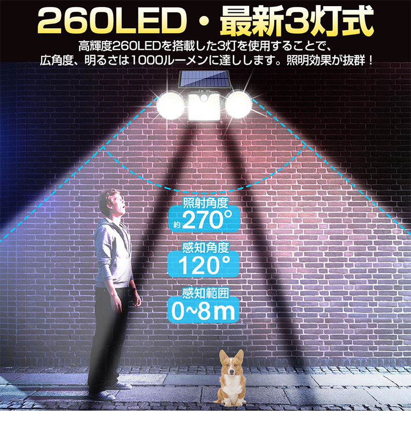 ソーラーライト 屋外 防水 3面発光 人感センサー 260LED センサーライト LED ソーラーライト IP65 壁掛け灯 防犯ライト 外灯 太陽光充電 省エネ 防犯 玄関 照明 |  | 03
