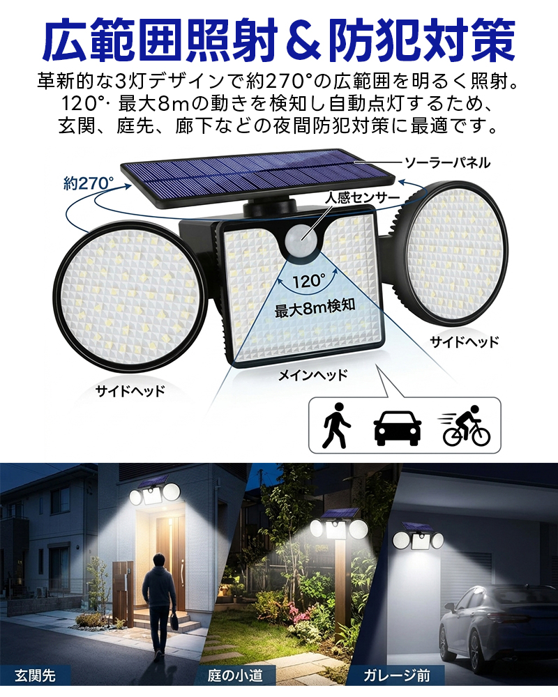 ソーラーライト 屋外 防水 3面発光 人感センサー 260LED センサーライト LED ソーラーライト IP65 壁掛け灯 防犯ライト 外灯 太陽光充電 省エネ 防犯 玄関 照明 |  | 09