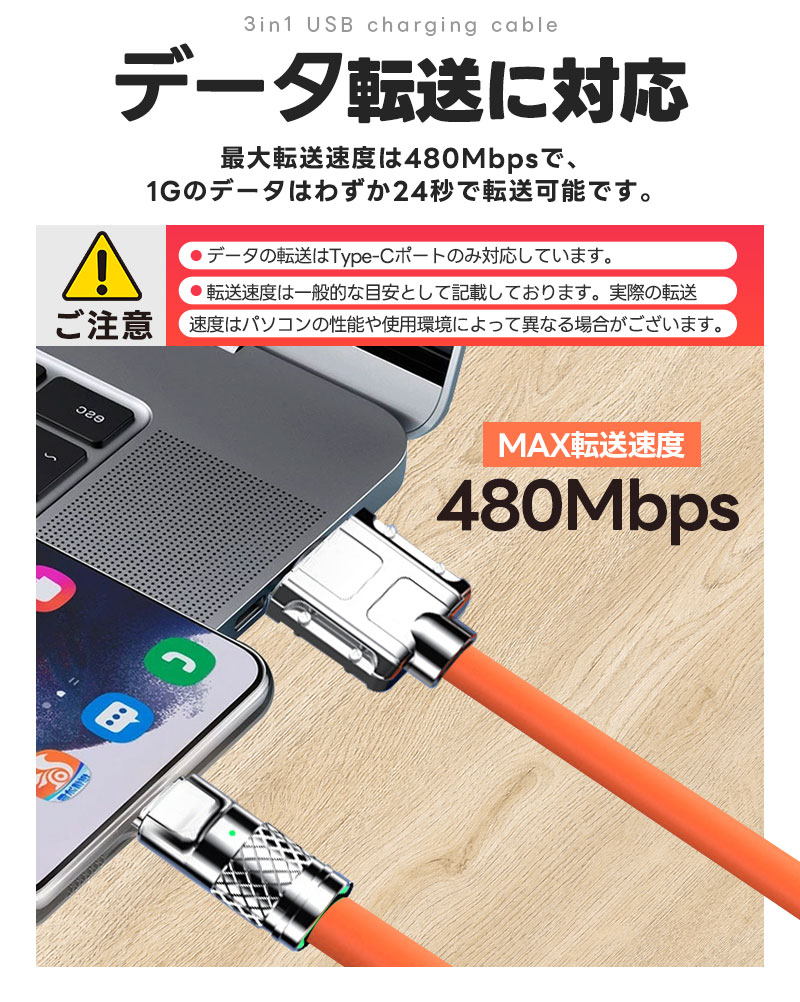 急速充電ケーブル 3in1 高速データ転送 typec usbケーブル 480Mbps 断線に強い 柔らかくて耐久性があり 120W 6A TypeC iPhone Micro充電ケーブル タイプC｜inskk｜11