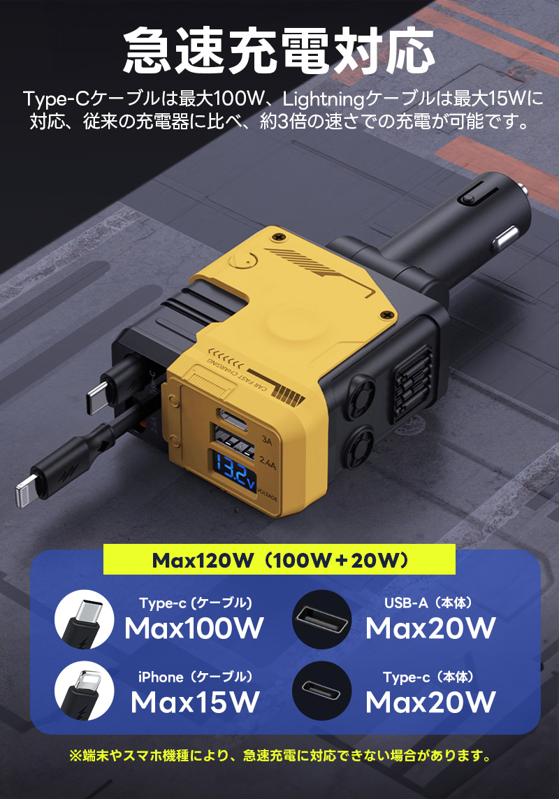 車載充電器 4ポート カーチャージャー 急速充電 巻き取り式ケーブル2本 MAX120W シガーソケット QC3.0 PD リール式 ケーブル スマホ 急速充電器 type-c 車載 |  | 05