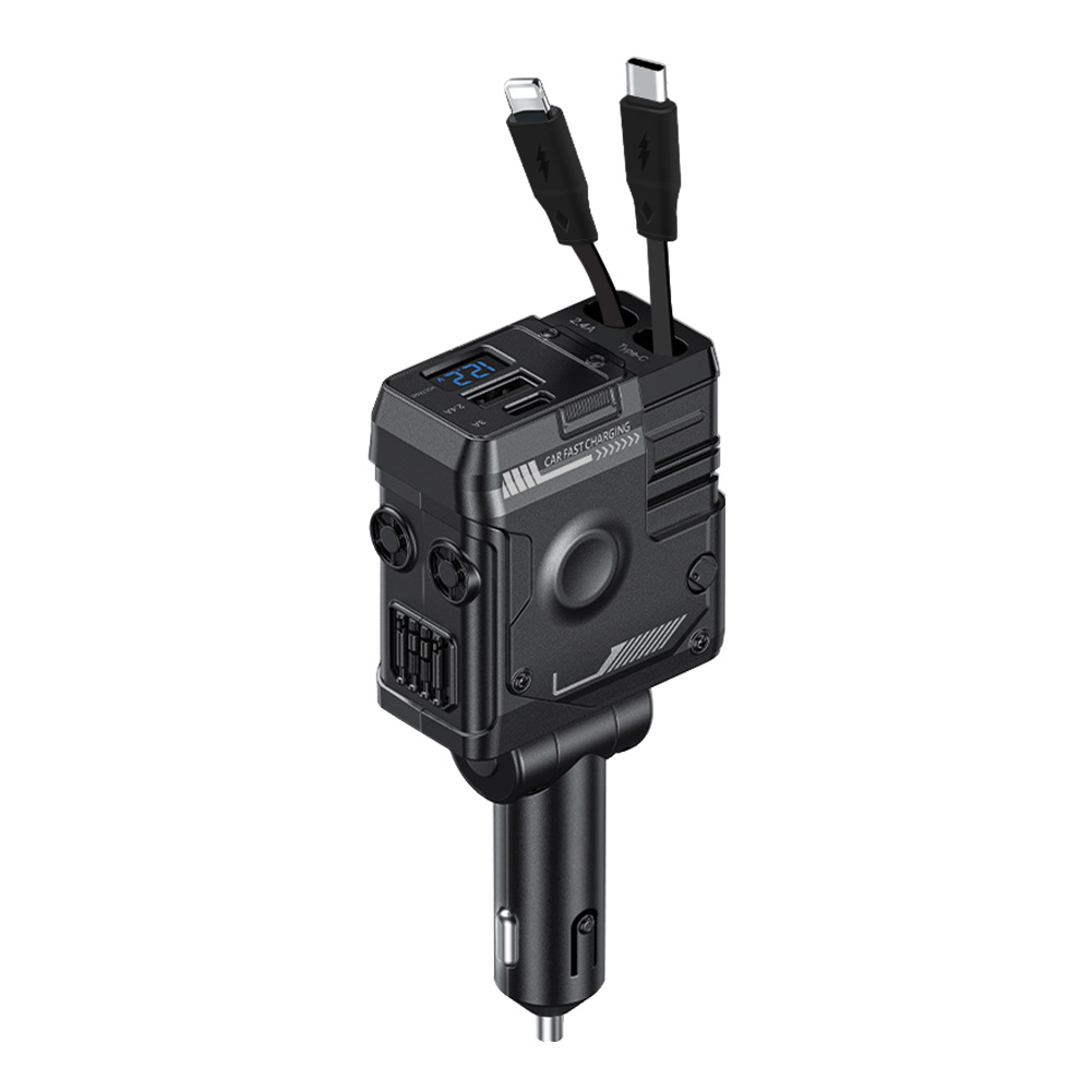 車載充電器 4ポート カーチャージャー 急速充電 巻き取り式ケーブル2本 MAX120W シガーソケット QC3.0 PD リール式 ケーブル スマホ 急速充電器 type-c 車載 |  | 01