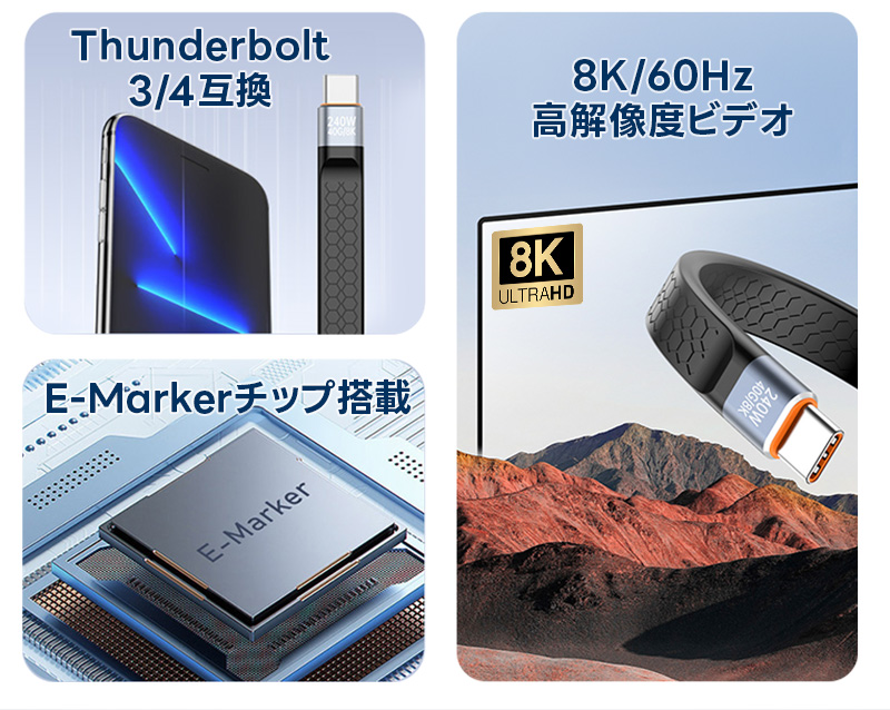 USB4.0 Type-C to Type-Cケーブル usb-cケーブル 短い Type-Cケーブル USB4対応 Thunderbolt 4対応 PD3.1標準 240W急速充電 8K60Hz 40Gbps 高速データ転送 13cm |  | 06