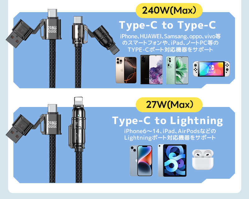 スマホストラップ 4in1急速充電ケーブル 240W TYPE-C充電ケーブル USB C 充電ケーブル 2-in-1 携帯ストラップ スマホ ショルダーストラップ 金属留め具 丈夫 |  | 13