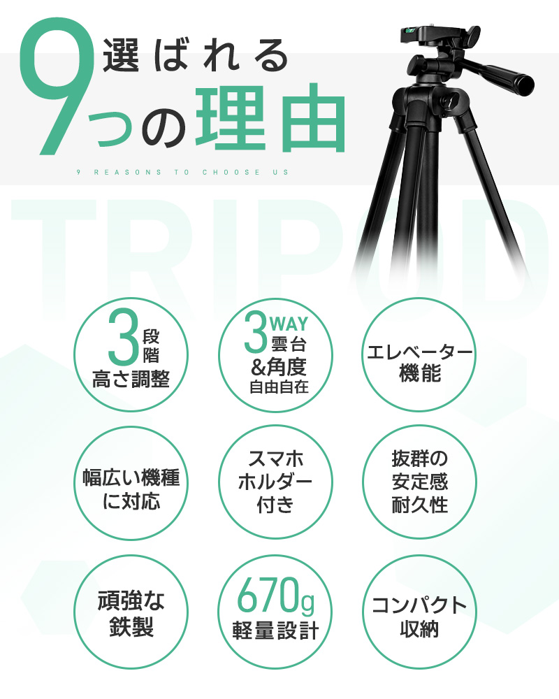 【45%OFF】三脚 カメラ用 スマホ三脚 軽量三脚 折りたたみ三脚 ビデオカメラ三脚 撮影用 140cm 俯瞰撮影 一眼レフ 収納袋付き 3段階伸縮 UNC1/4インチ 360回転 |  | 02